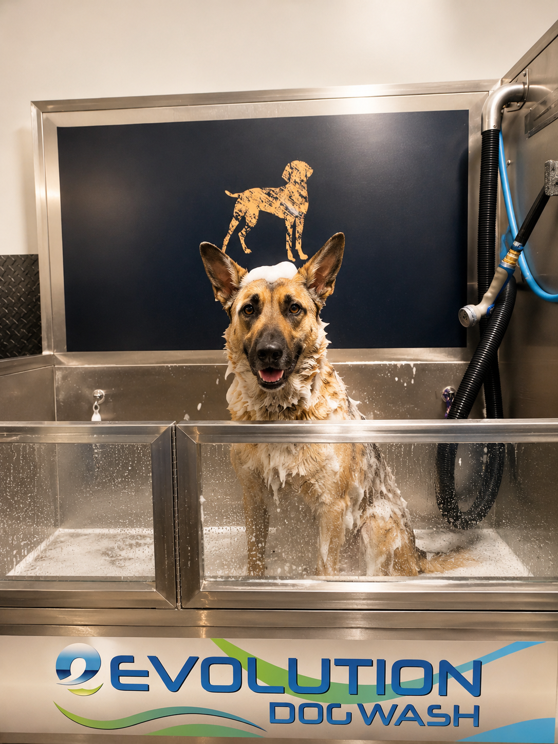 German Shepherd enjoying a self-serve wash at Pupz Club in Rahway, NJ