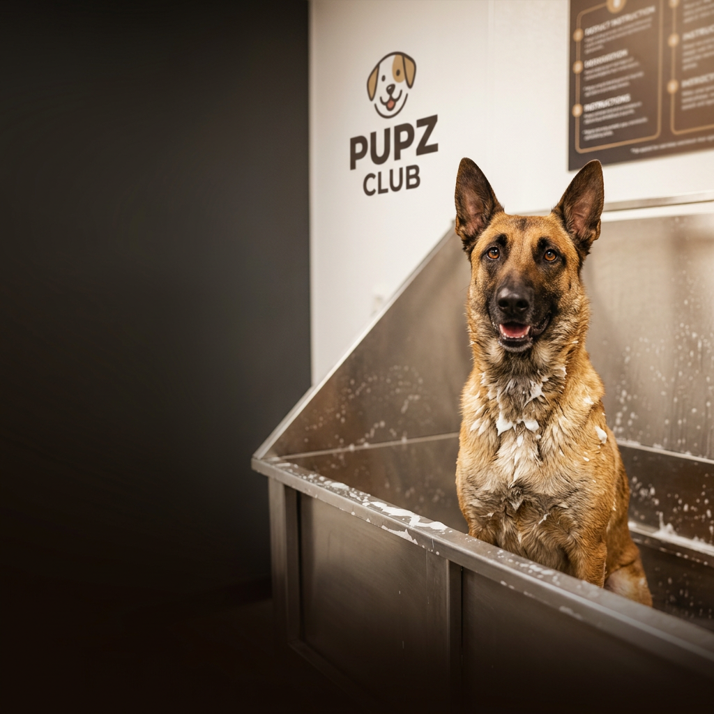 Dog enjoying a self-serve wash at Pupz Club