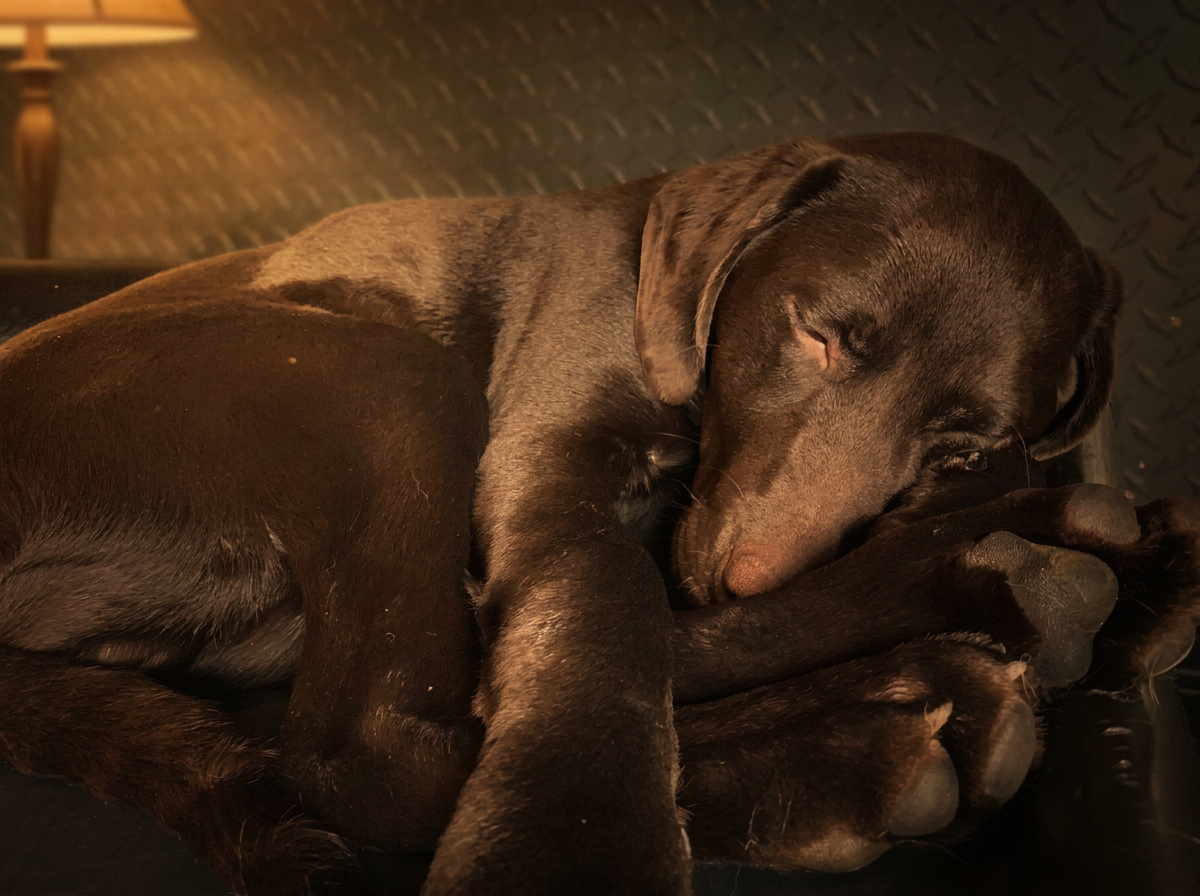 A chocolate lab resting comfortably during an overnight stay at Pupz Club