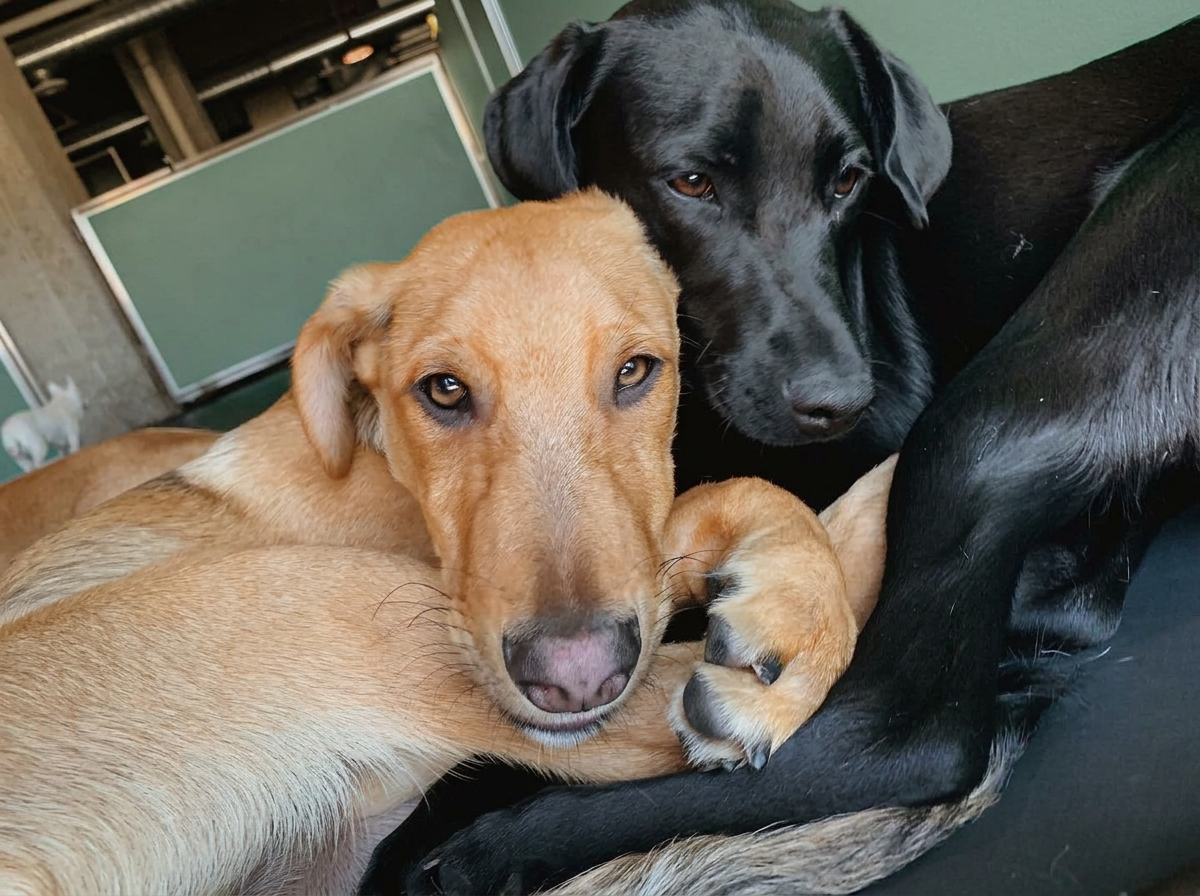 A tan dog and a black lab cuddling together at Pupz Club in Rahway, NJ