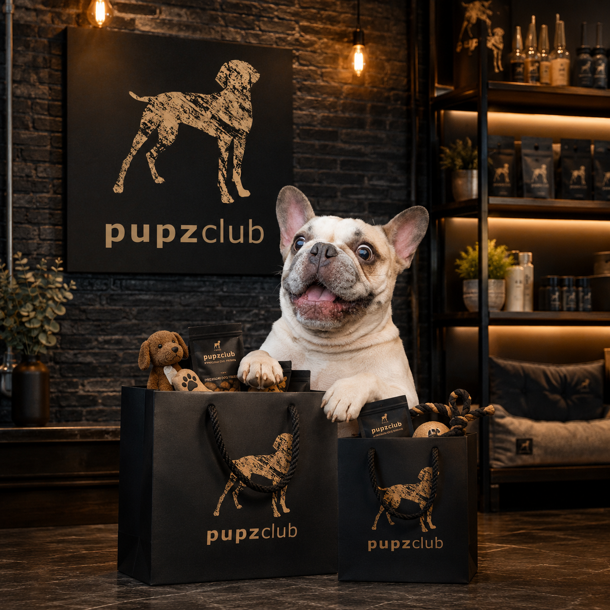 A French bulldog with Pupz Club shopping bags of treats, toys, and gear in the Rahway, NJ club