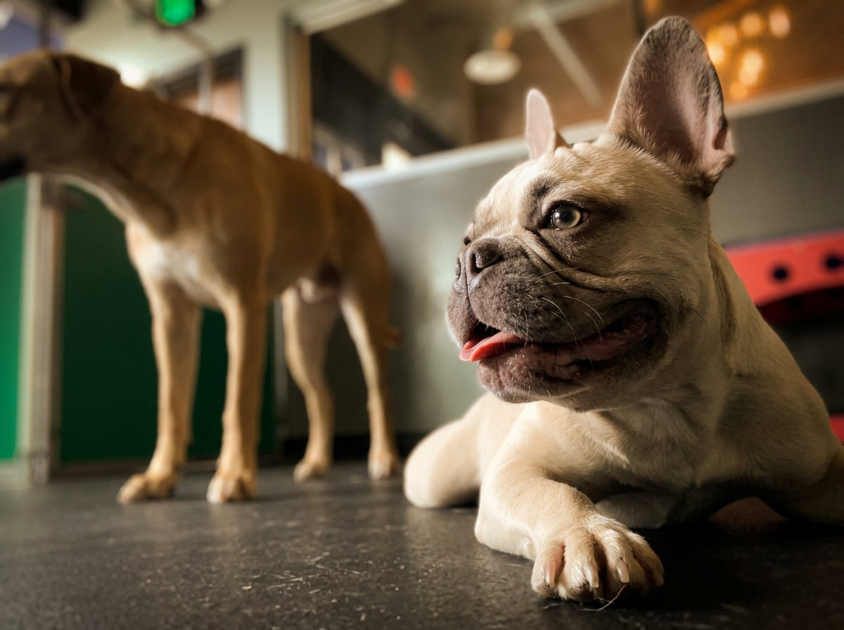 A cream Frenchie relaxes on the Pupz Club play floor while another dog stands softly in the background