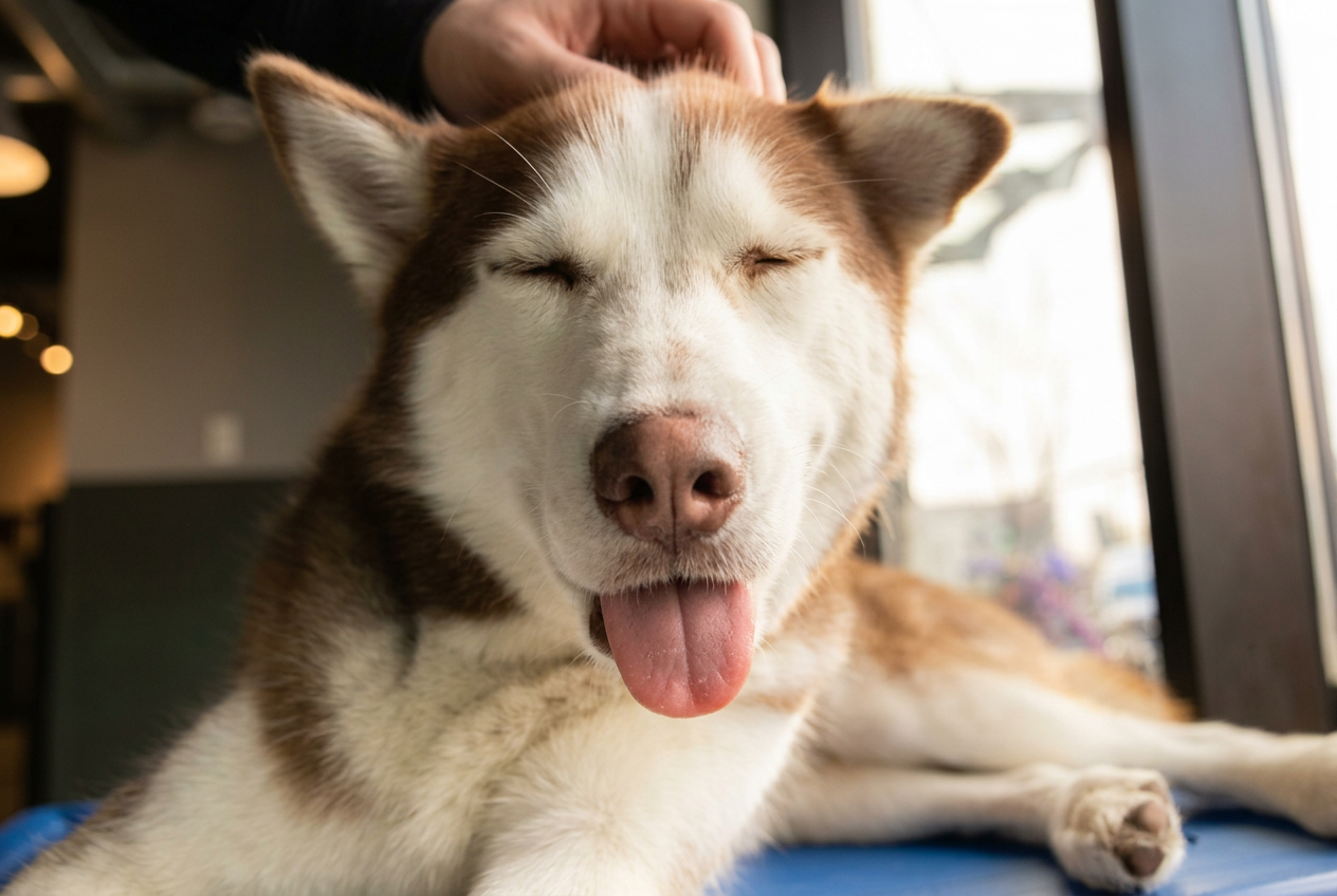 A happy husky with eyes closed and tongue out being gently petted at Pupz Club in Rahway, NJ